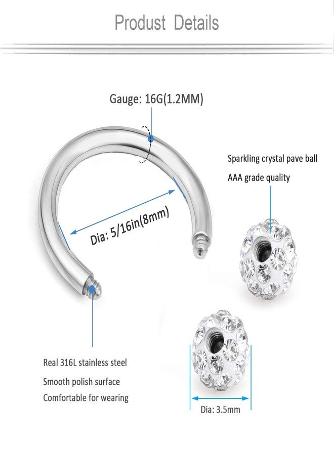 AVYRING أقراط AVYRING مقاس 16G و8 مم، مصنوعة من الفولاذ المقاوم للصدأ مع كرة كريستالية، مناسبة لثقب الغضروف والحلزون، حلقات الحاجز الأنفي، مجوهرات الحواجب، فضية اللون. - Image 2
